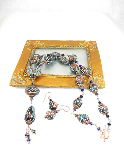 Copper Wire Wrapped Green and Red Clay Bead Necklace with Matching Earrings
