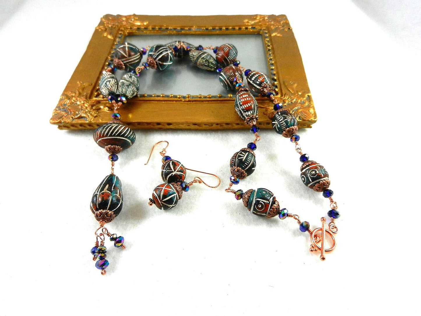 Copper Wire Wrapped Green and Red Clay Bead Necklace with Matching Earrings