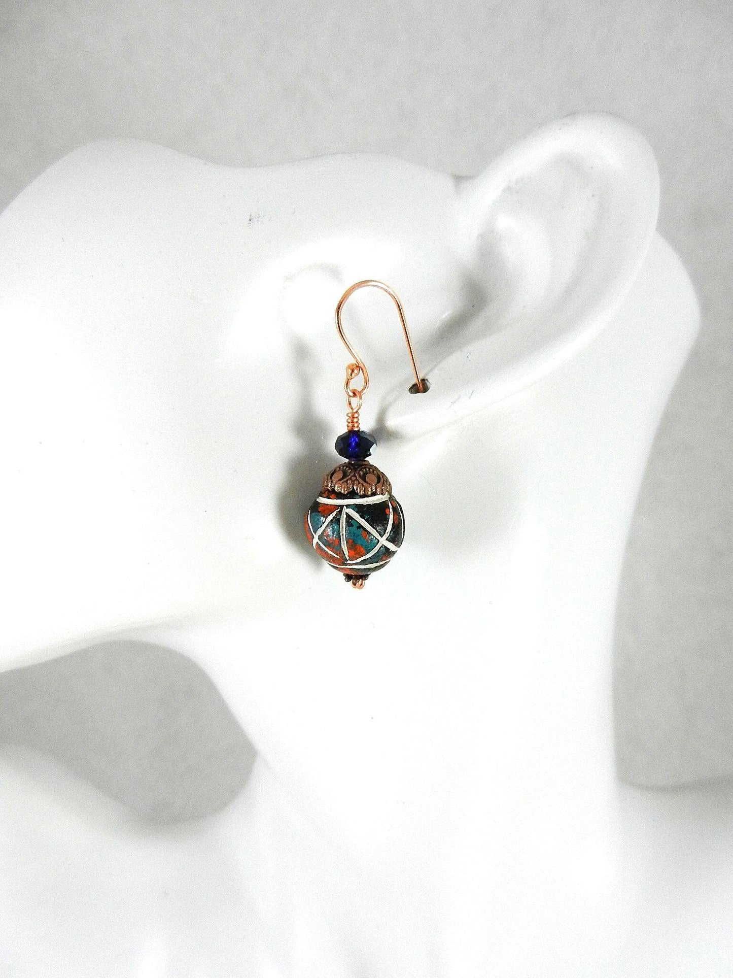Copper Wire Wrapped Green and Red Clay Bead Necklace with Matching Earrings