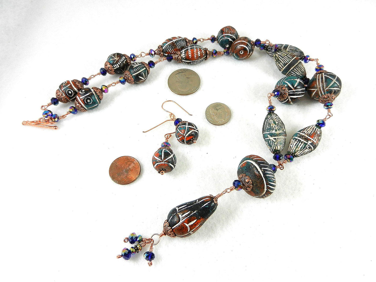 Copper Wire Wrapped Green and Red Clay Bead Necklace with Matching Earrings