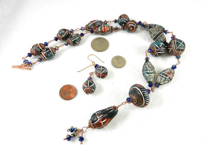 Copper Wire Wrapped Green and Red Clay Bead Necklace with Matching Earrings