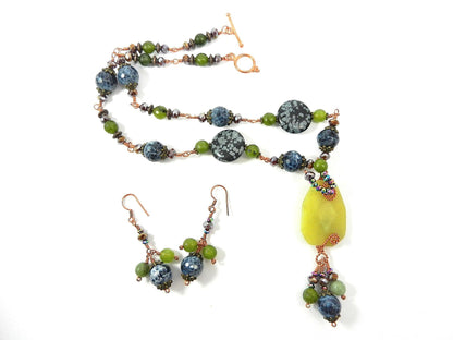 Green Jade with Blue Fire Agate and Spotted Jasper Necklace and Earrings