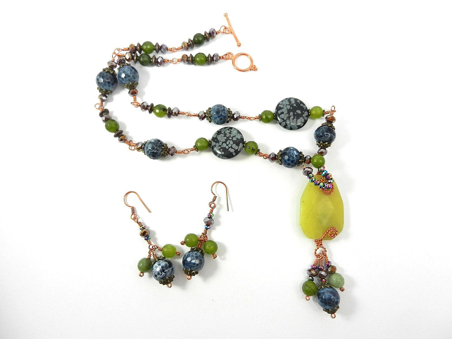 Green Jade with Blue Fire Agate and Spotted Jasper Necklace and Earrings