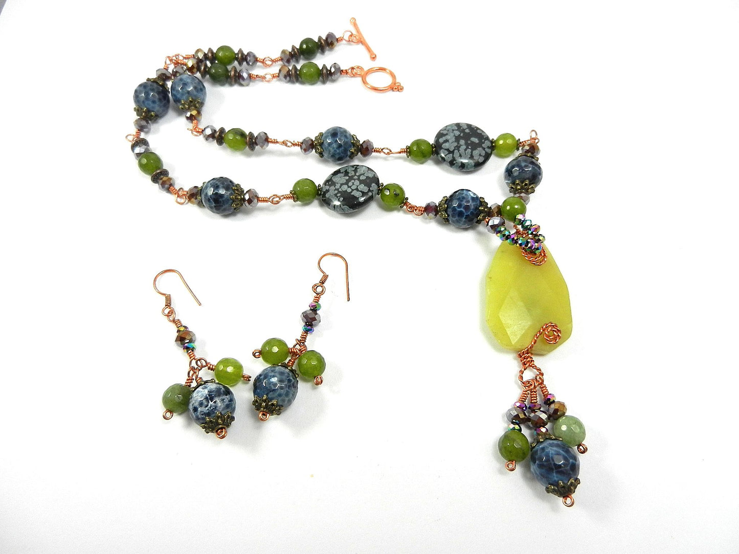 Green Jade with Blue Fire Agate and Spotted Jasper Necklace and Earrings