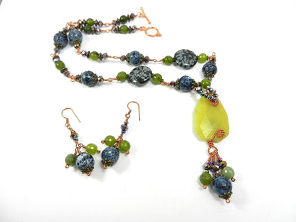Green Jade with Blue Fire Agate and Spotted Jasper Necklace and Earrings