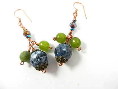 Green Jade with Blue Fire Agate and Spotted Jasper Necklace and Earrings