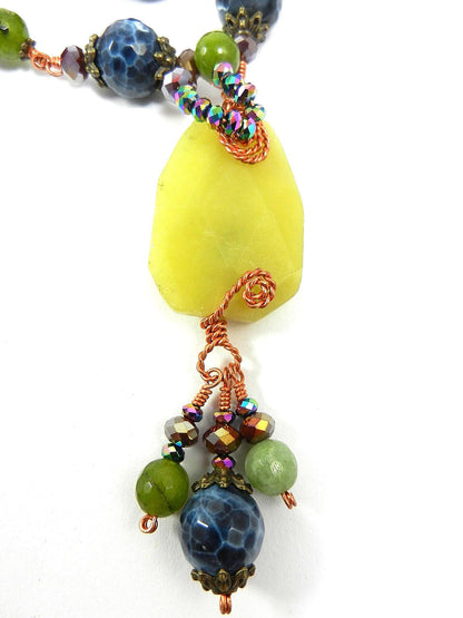 Green Jade with Blue Fire Agate and Spotted Jasper Necklace and Earrings
