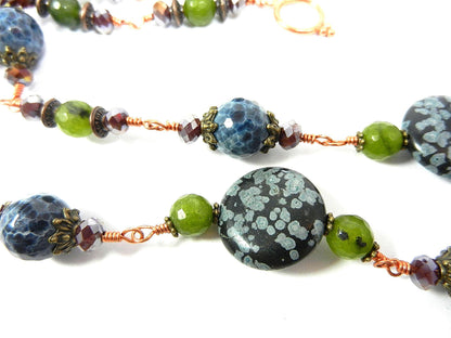 Green Jade with Blue Fire Agate and Spotted Jasper Necklace and Earrings