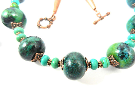 Blue and Green Serpentine Gemstone Necklace with Antique Copper Beads and Matching Earrings