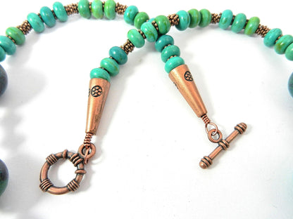 Blue and Green Serpentine Gemstone Necklace with Antique Copper Beads and Matching Earrings