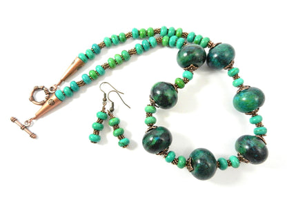 Blue and Green Serpentine Gemstone Necklace with Antique Copper Beads and Matching Earrings
