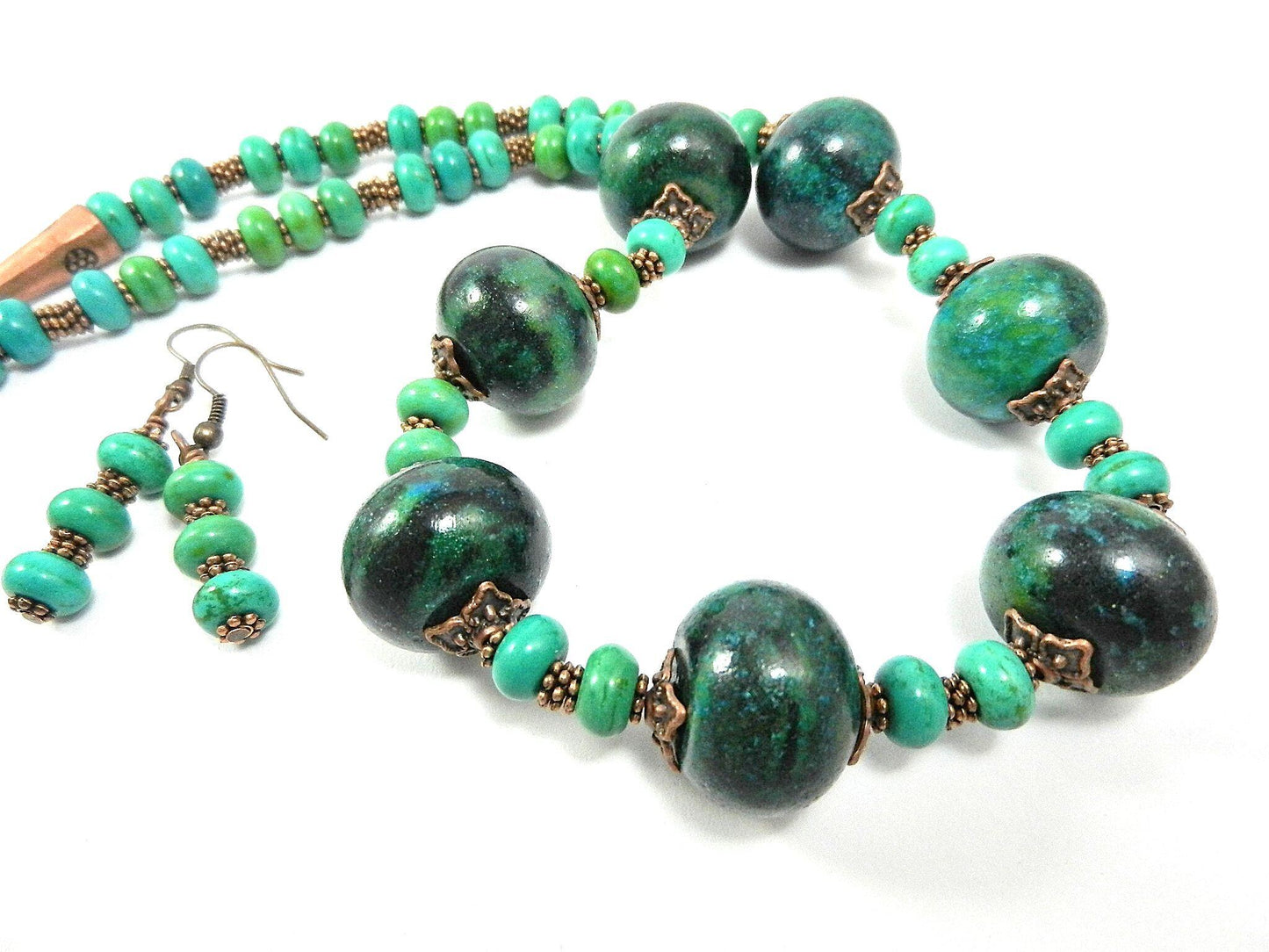 Blue and Green Serpentine Gemstone Necklace with Antique Copper Beads and Matching Earrings