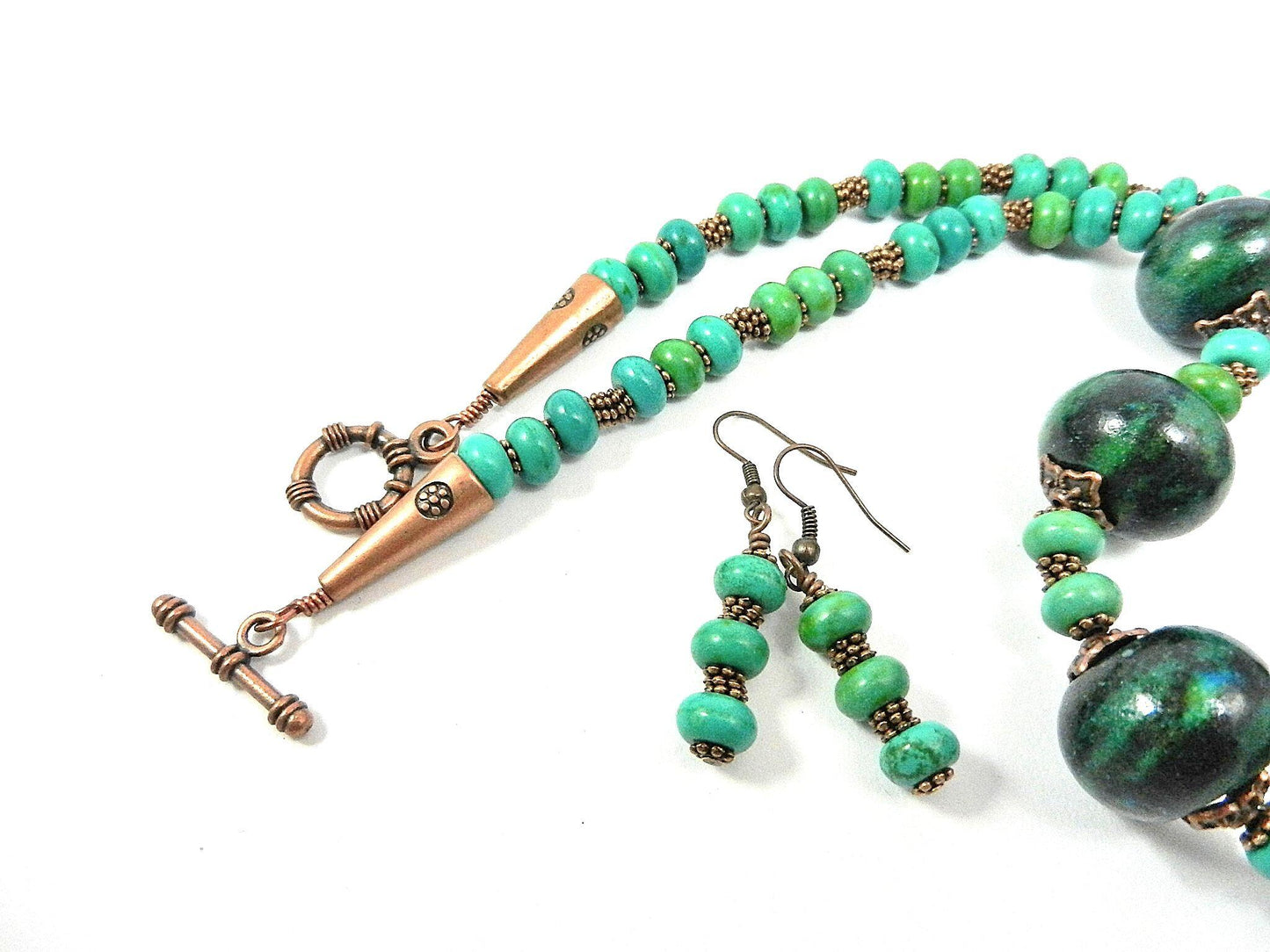 Blue and Green Serpentine Gemstone Necklace with Antique Copper Beads and Matching Earrings
