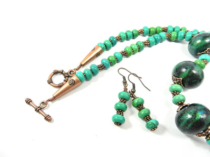 Blue and Green Serpentine Gemstone Necklace with Antique Copper Beads and Matching Earrings