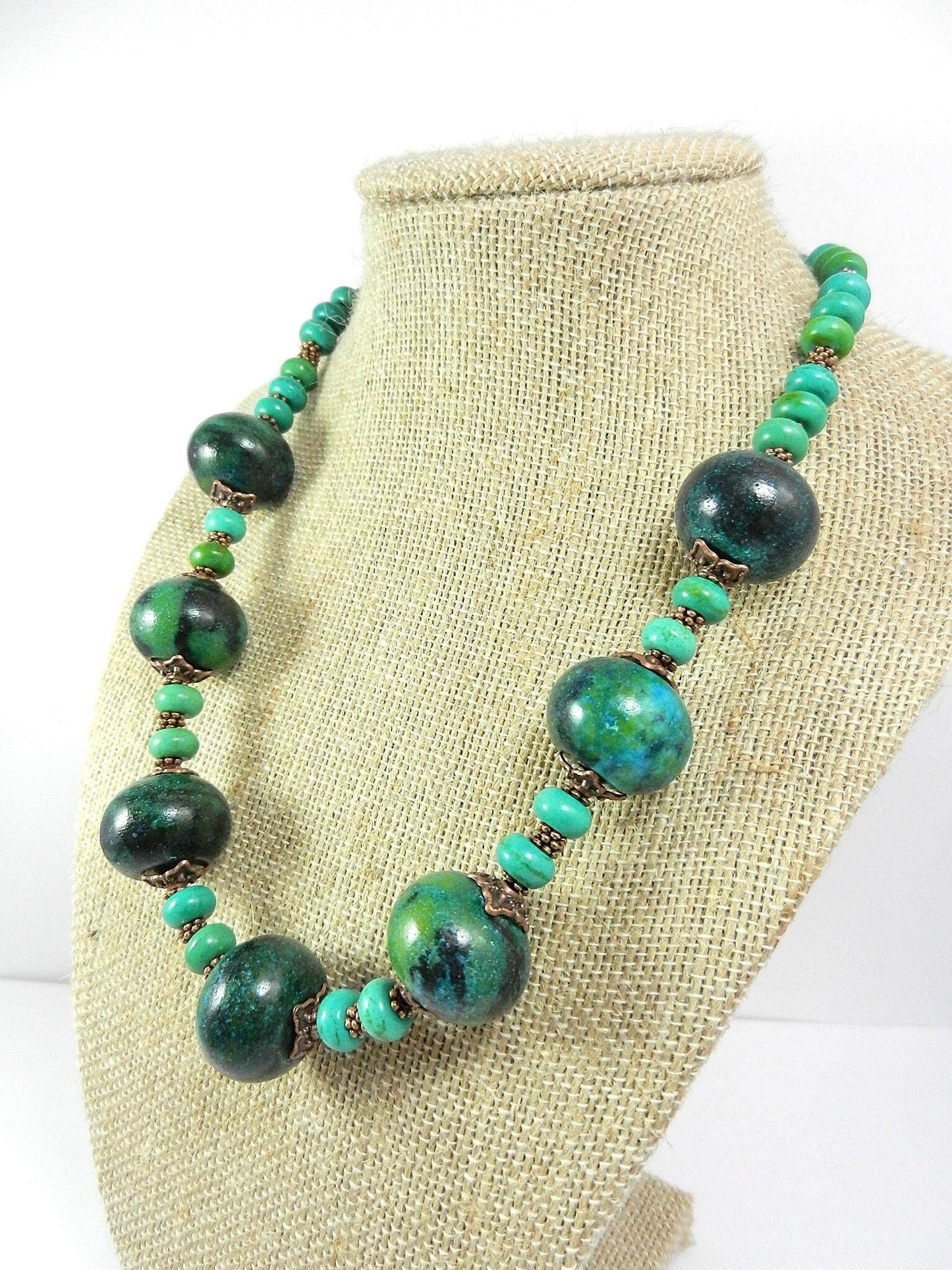 Blue and Green Serpentine Gemstone Necklace with Antique Copper Beads and Matching Earrings