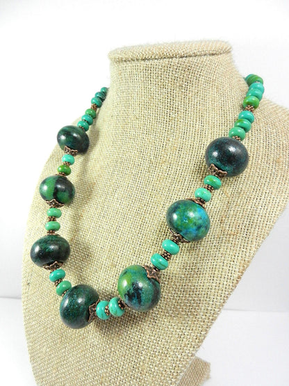 Blue and Green Serpentine Gemstone Necklace with Antique Copper Beads and Matching Earrings