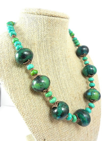 Blue and Green Serpentine Gemstone Necklace with Antique Copper Beads and Matching Earrings