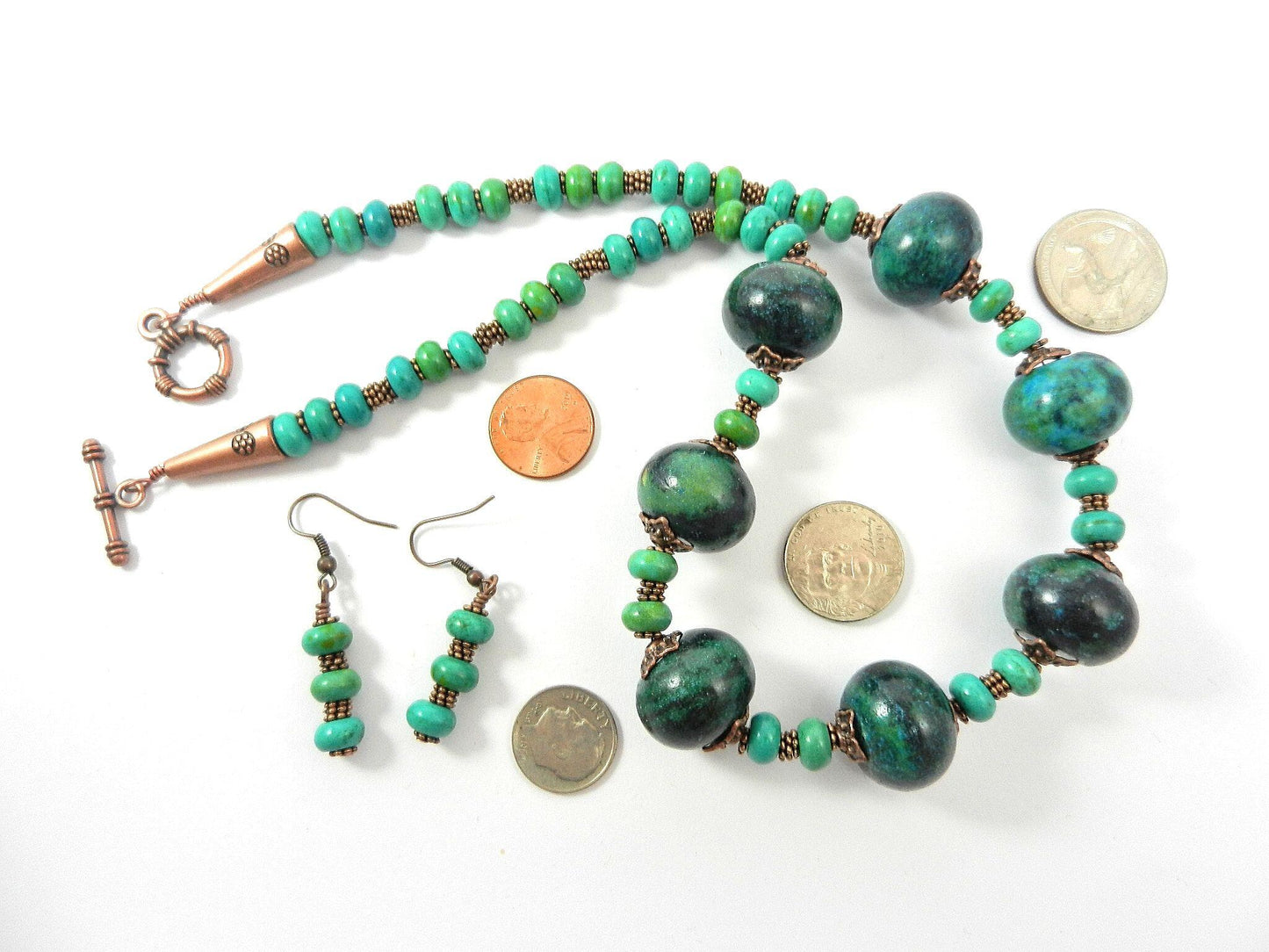Blue and Green Serpentine Gemstone Necklace with Antique Copper Beads and Matching Earrings