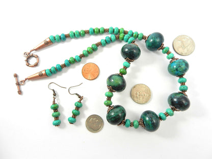 Blue and Green Serpentine Gemstone Necklace with Antique Copper Beads and Matching Earrings