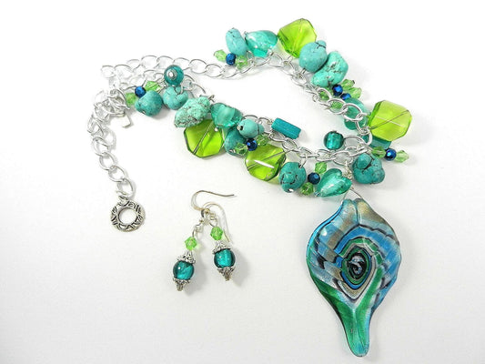 Blue and Silver Lamp Work Pendant with Turquoise and Matching Earrings