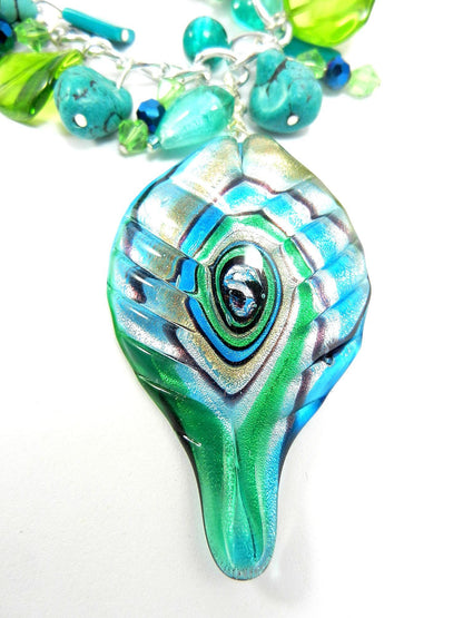 Blue and Silver Lamp Work Pendant with Turquoise and Matching Earrings