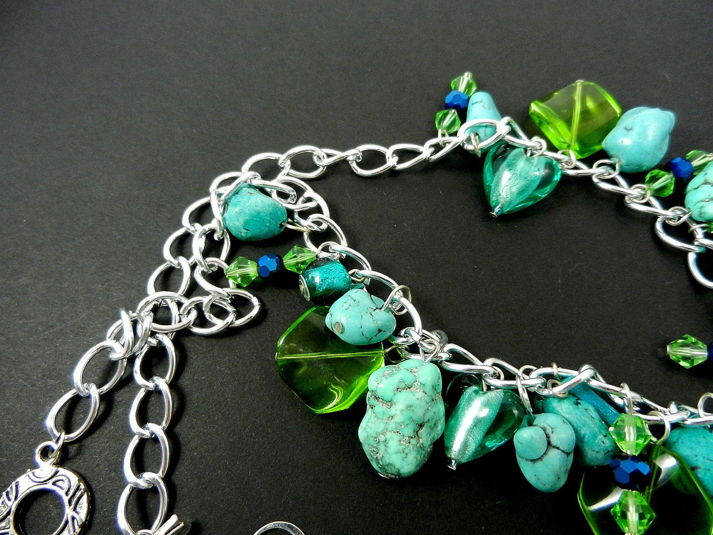 Blue and Silver Lamp Work Pendant with Turquoise and Matching Earrings