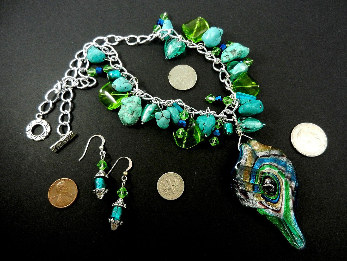 Blue and Silver Lamp Work Pendant with Turquoise and Matching Earrings