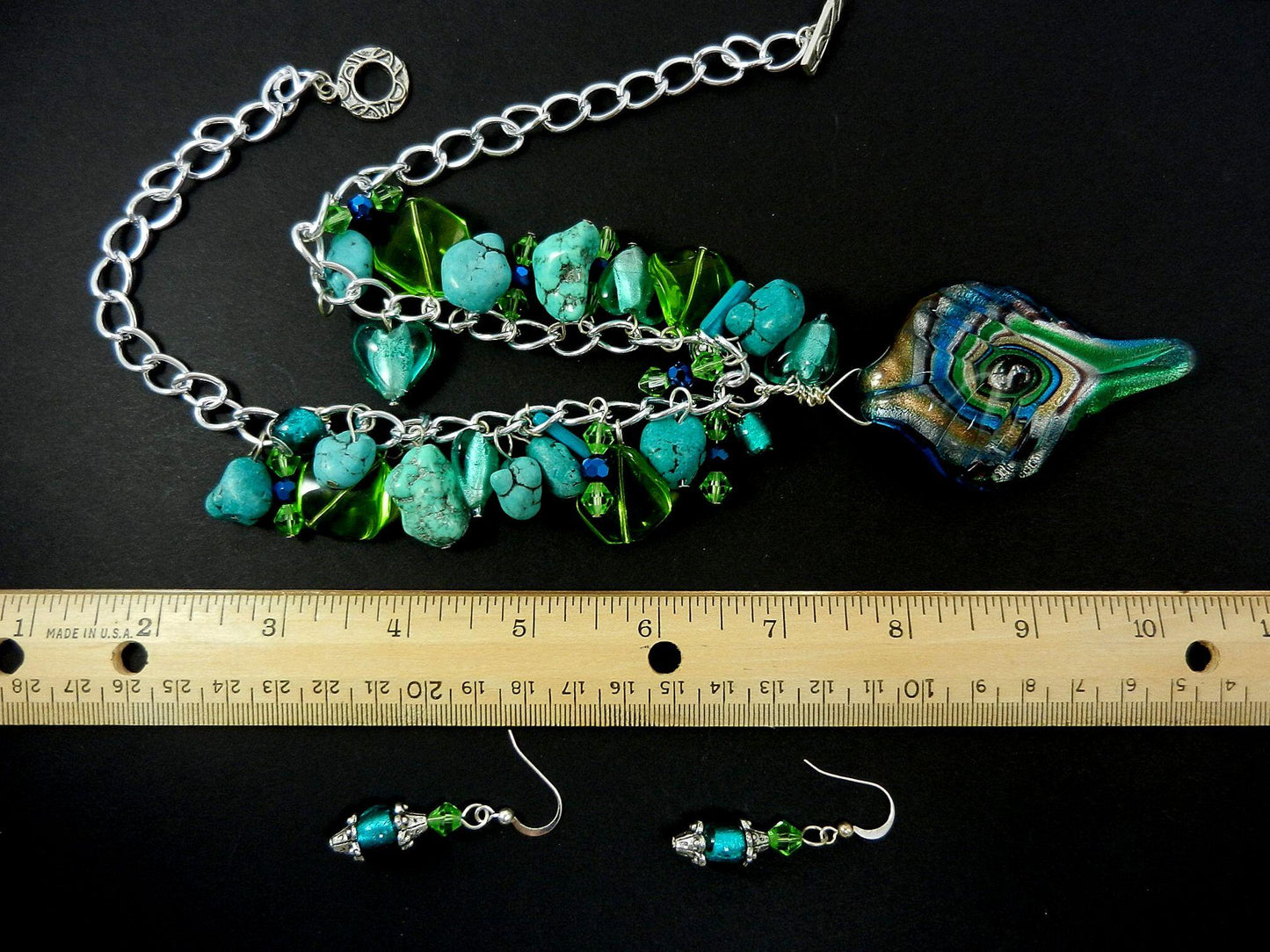 Blue and Silver Lamp Work Pendant with Turquoise and Matching Earrings