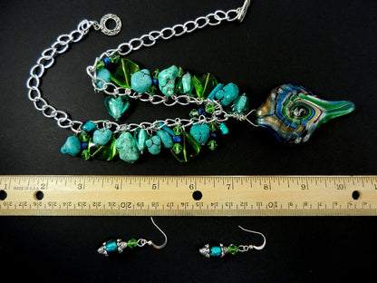 Blue and Silver Lamp Work Pendant with Turquoise and Matching Earrings