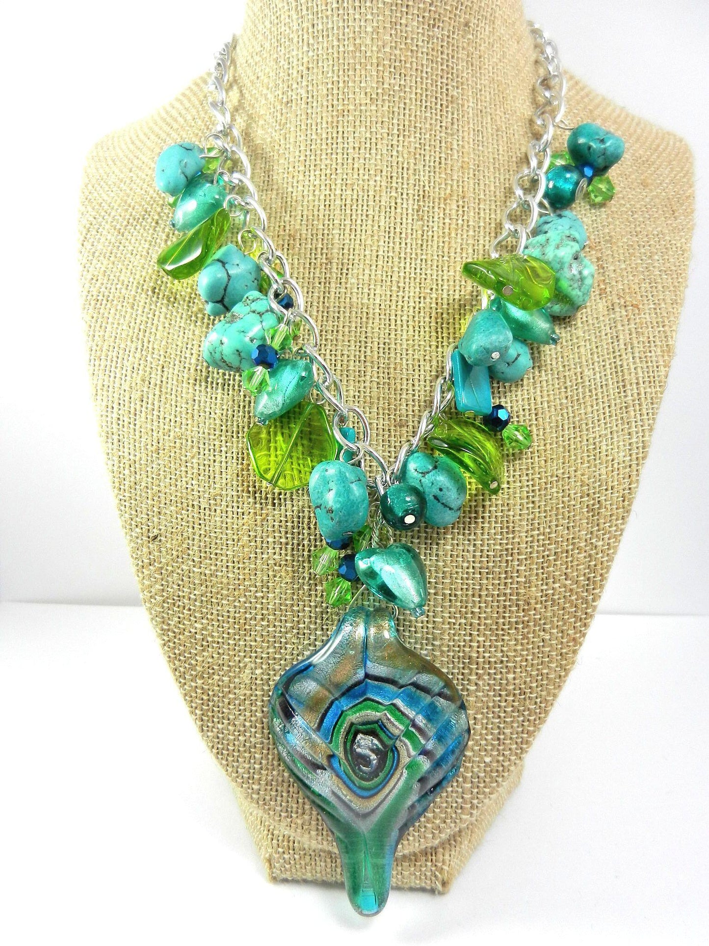 Blue and Silver Lamp Work Pendant with Turquoise and Matching Earrings