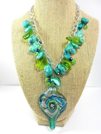 Blue and Silver Lamp Work Pendant with Turquoise and Matching Earrings