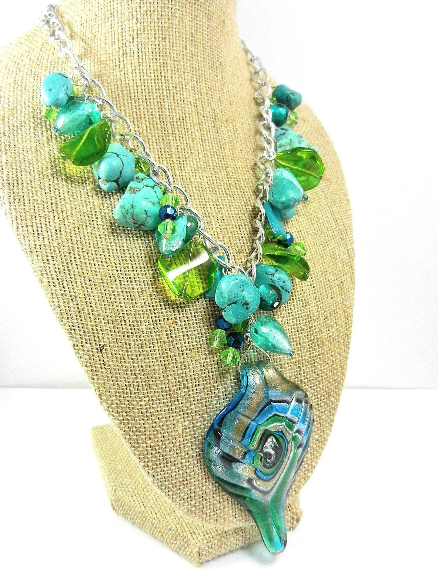 Blue and Silver Lamp Work Pendant with Turquoise and Matching Earrings