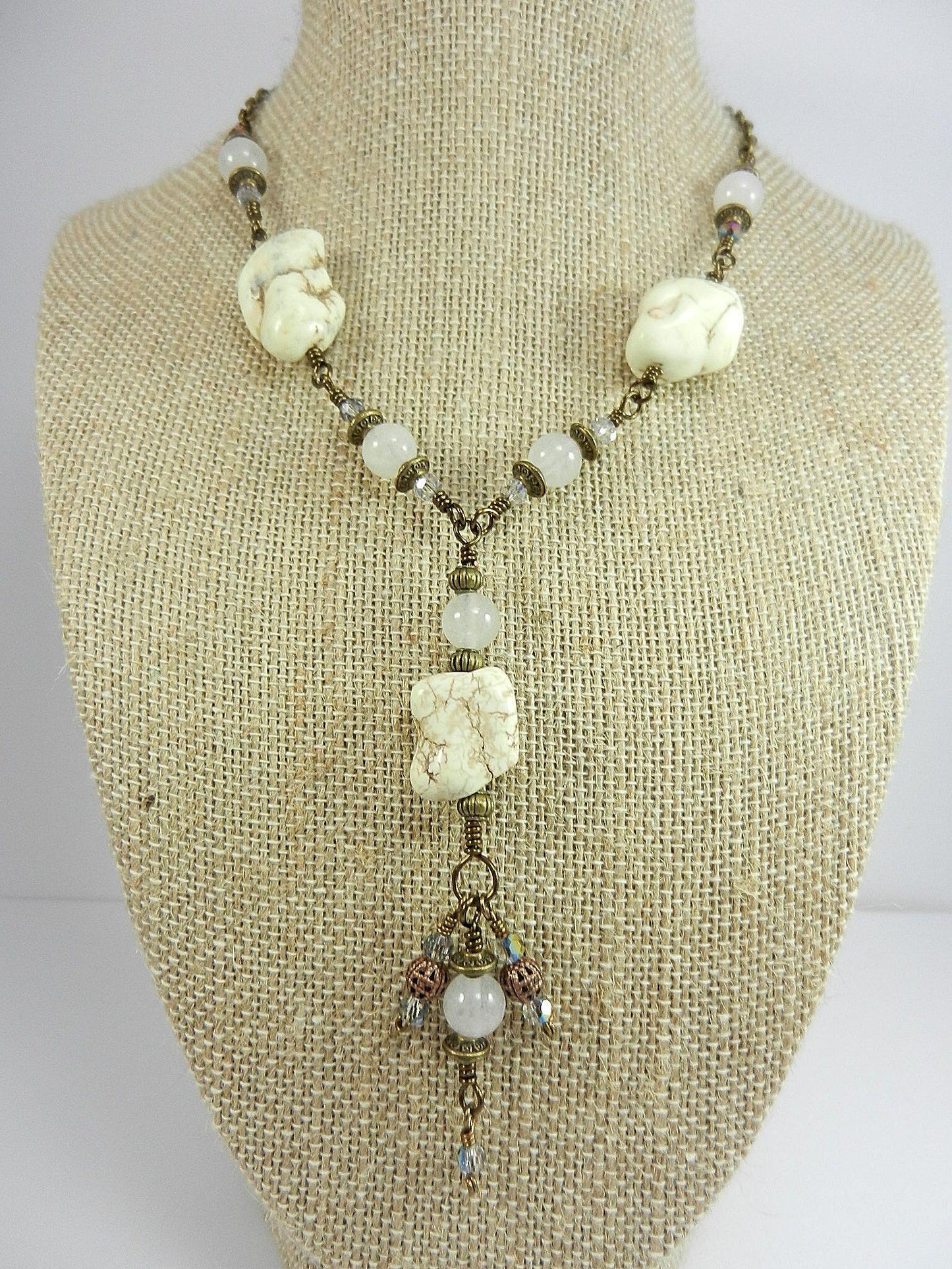 White Turquoise Necklace with White Jade Bronze Wire Wrapped and Matching Earrings