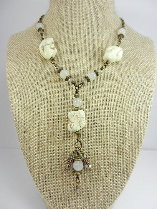White Turquoise Necklace with White Jade Bronze Wire Wrapped and Matching Earrings