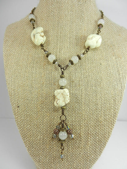 White Turquoise Necklace with White Jade Bronze Wire Wrapped and Matching Earrings