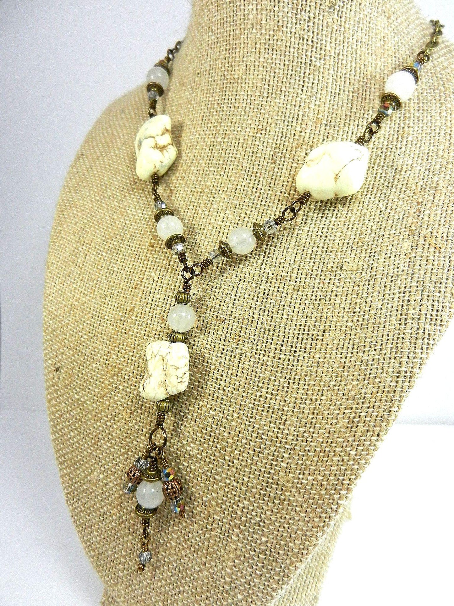 White Turquoise Necklace with White Jade Bronze Wire Wrapped and Matching Earrings