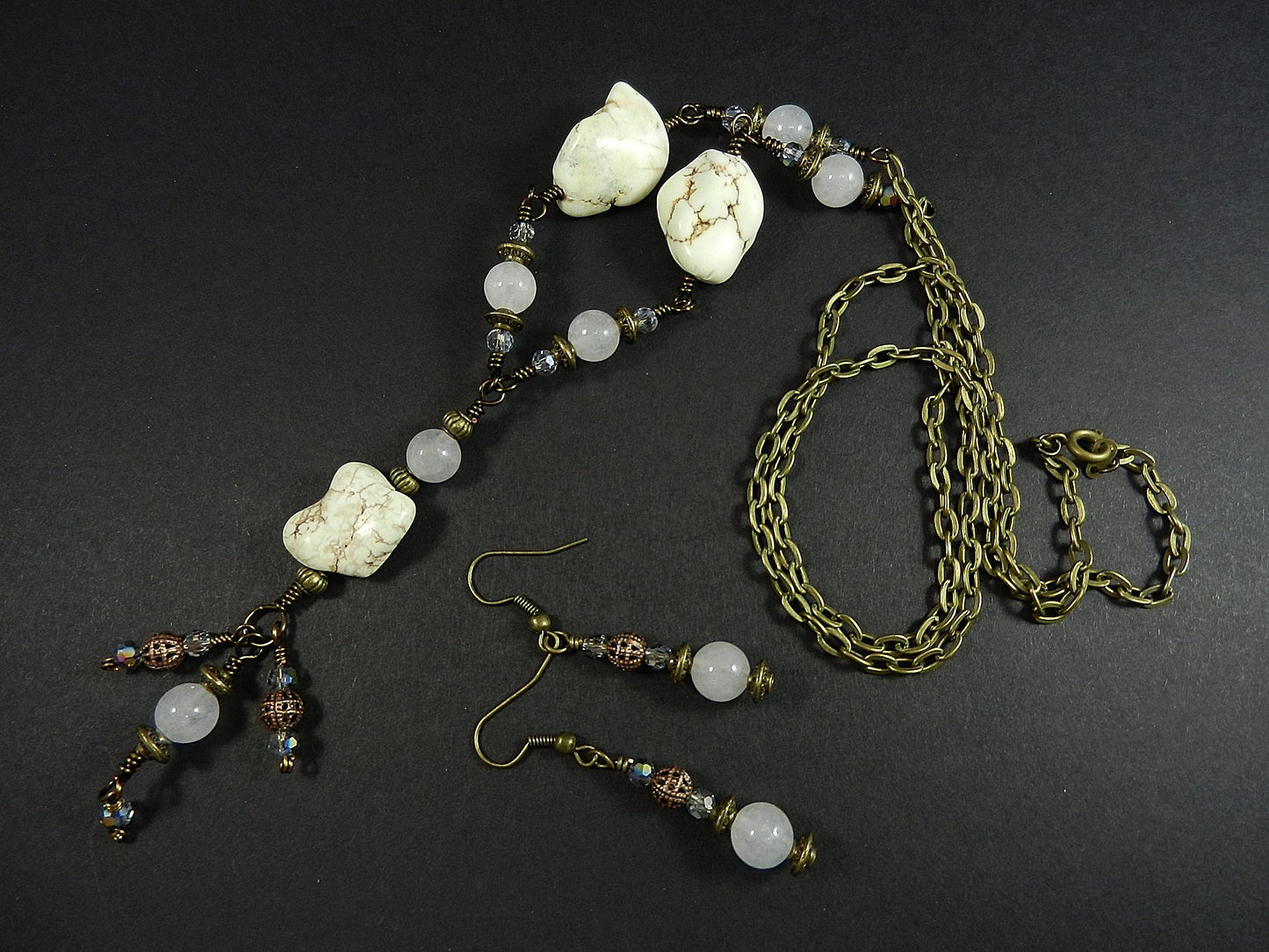 White Turquoise Necklace with White Jade Bronze Wire Wrapped and Matching Earrings