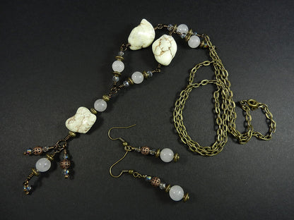 White Turquoise Necklace with White Jade Bronze Wire Wrapped and Matching Earrings