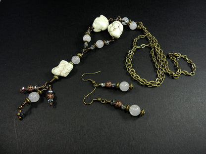 White Turquoise Necklace with White Jade Bronze Wire Wrapped and Matching Earrings