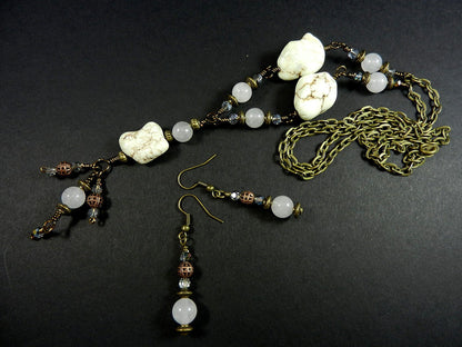 White Turquoise Necklace with White Jade Bronze Wire Wrapped and Matching Earrings