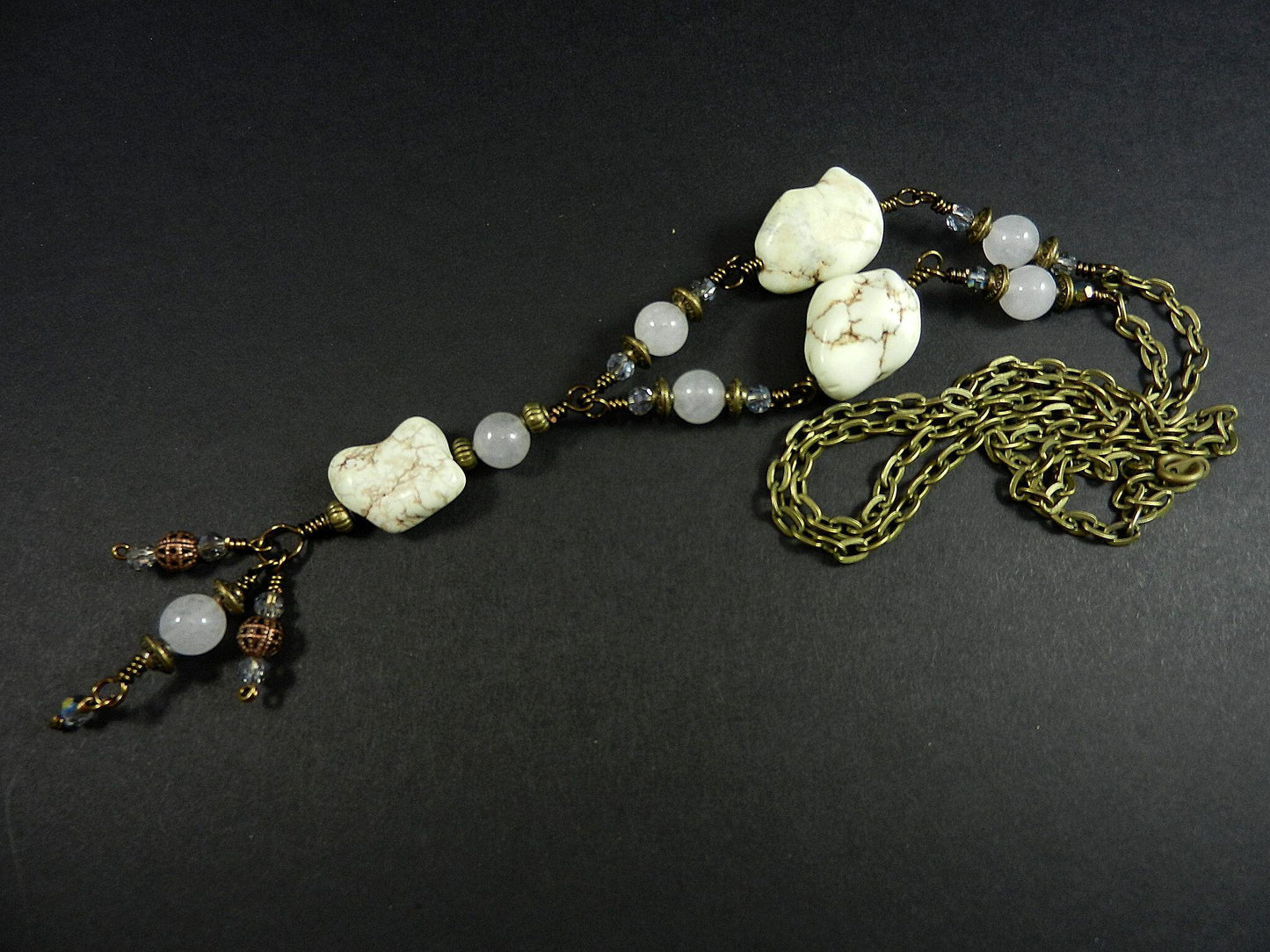 White Turquoise Necklace with White Jade Bronze Wire Wrapped and Matching Earrings