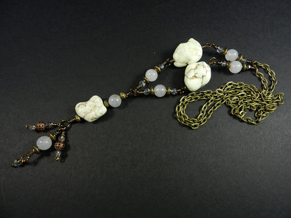 White Turquoise Necklace with White Jade Bronze Wire Wrapped and Matching Earrings