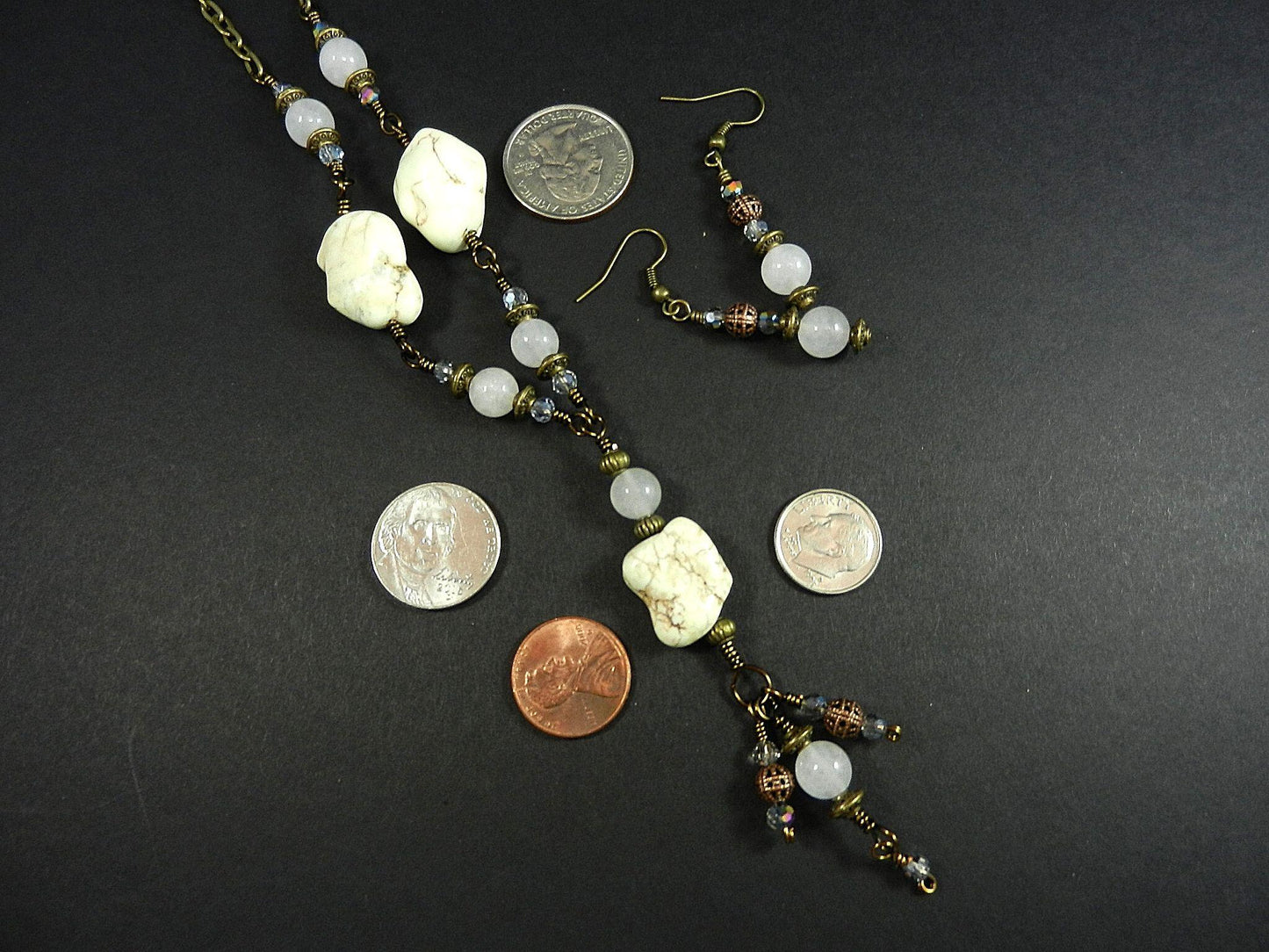 White Turquoise Necklace with White Jade Bronze Wire Wrapped and Matching Earrings