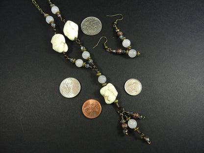 White Turquoise Necklace with White Jade Bronze Wire Wrapped and Matching Earrings