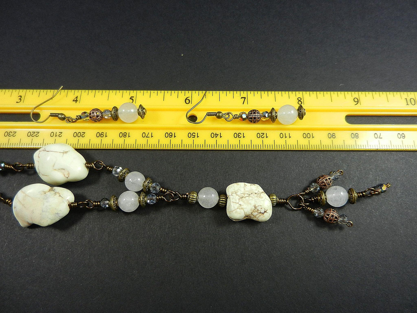 White Turquoise Necklace with White Jade Bronze Wire Wrapped and Matching Earrings