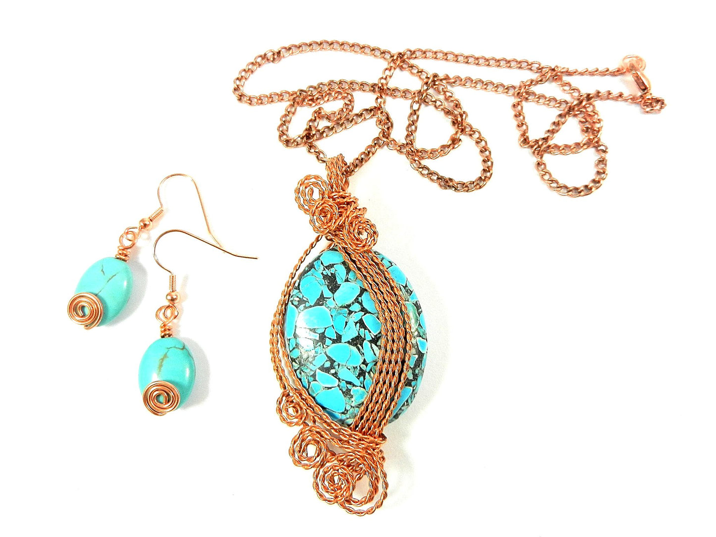 Bare Copper Wire Wrapped Brecciated Oval Turquoise Gemstone with Matching Earrings