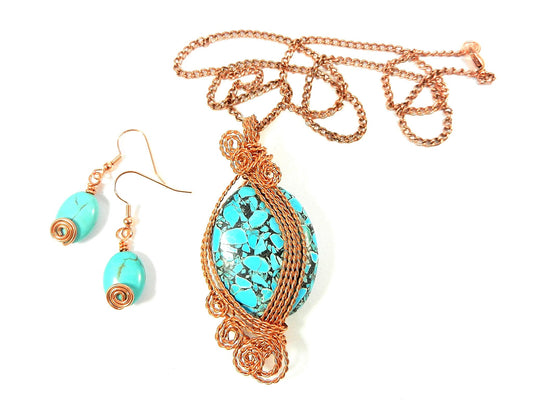 Bare Copper Wire Wrapped Brecciated Oval Turquoise Gemstone with Matching Earrings