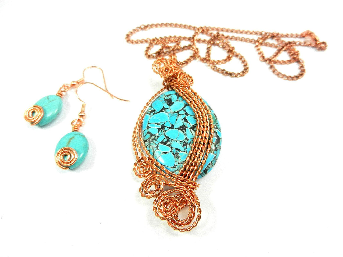 Bare Copper Wire Wrapped Brecciated Oval Turquoise Gemstone with Matching Earrings