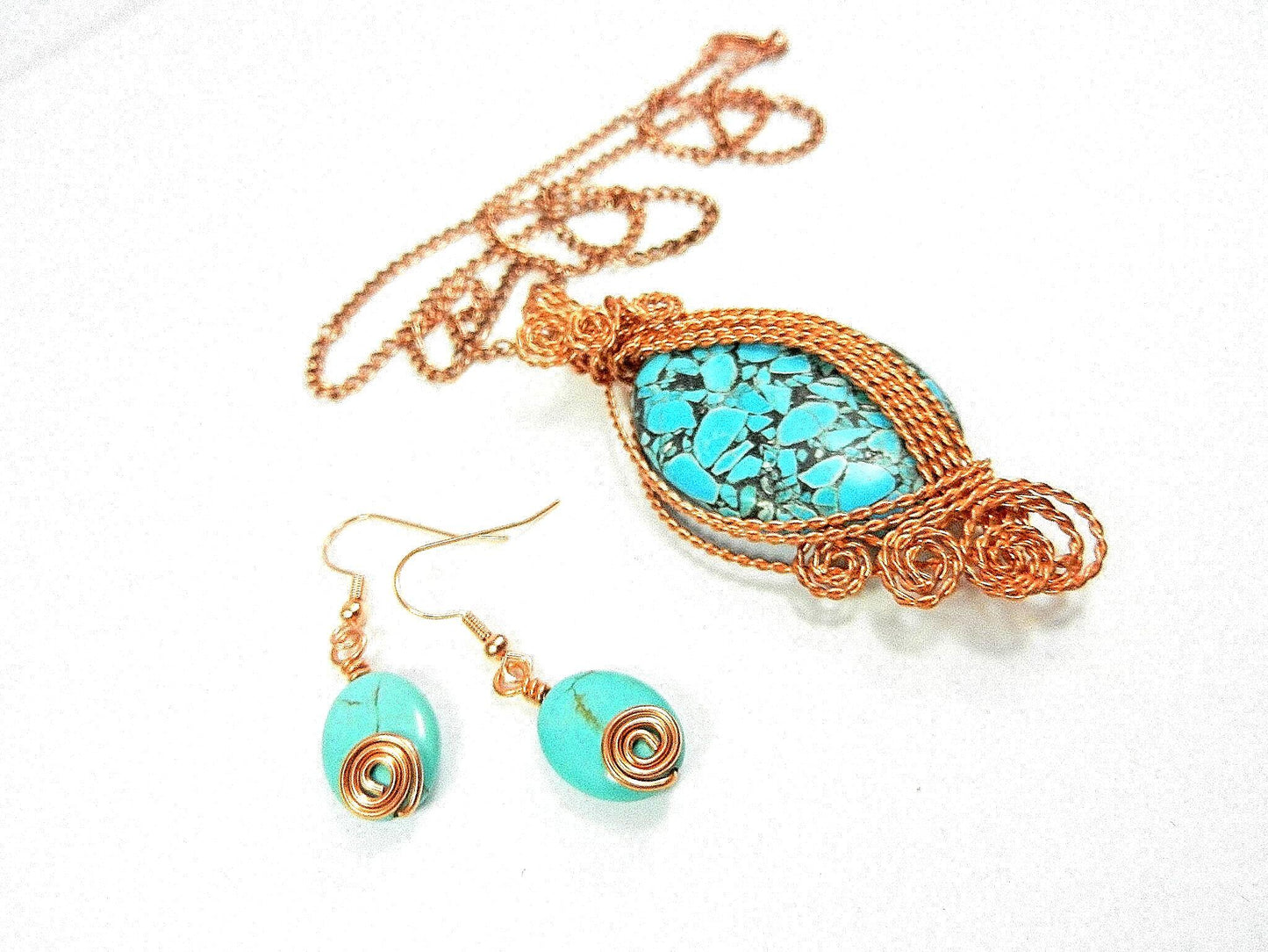 Bare Copper Wire Wrapped Brecciated Oval Turquoise Gemstone with Matching Earrings