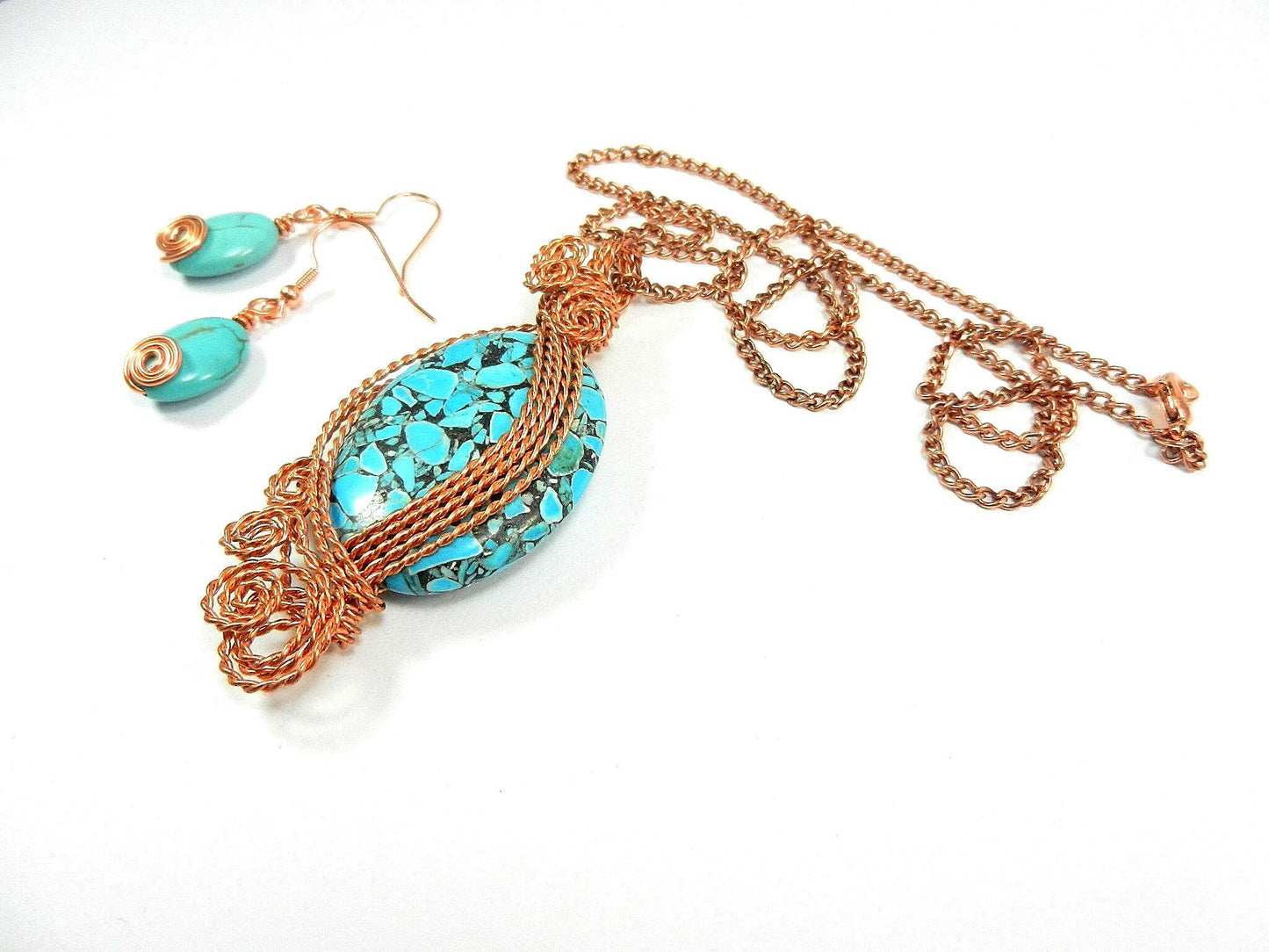 Bare Copper Wire Wrapped Brecciated Oval Turquoise Gemstone with Matching Earrings